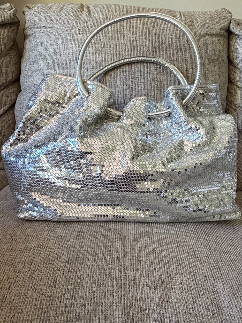 Double Platinum Silver Sequin Metallic Y2K Bucket Handbag